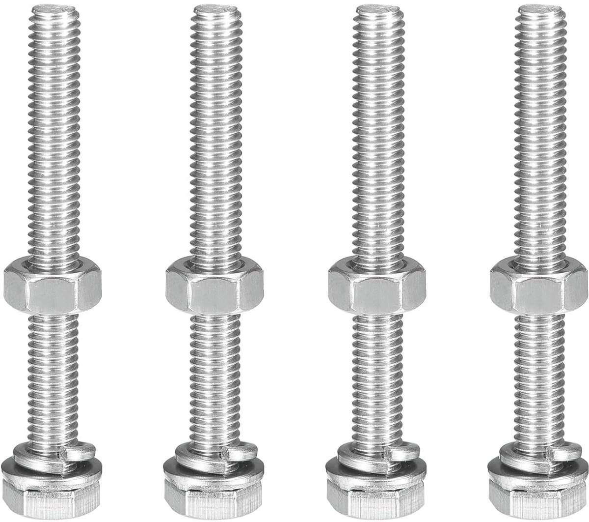 Set van 4 stuks M6 x 55mm zeskantschroeven en moeren met sluitringen, 304 roestvrijstalen zeskant machineschroeven, volledige draadschroeven met buitenzeskant