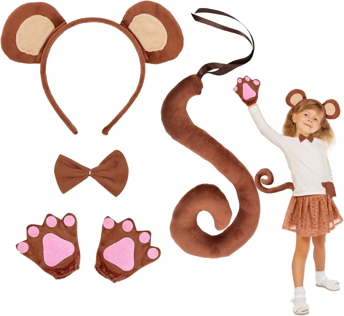 Kostuums, dierenkostuum met apenoren, hoofdband, lange staart, handschoen, vlinderdas, aap, cosplay voor kinderen, Halloween, carnaval, feestkostuum