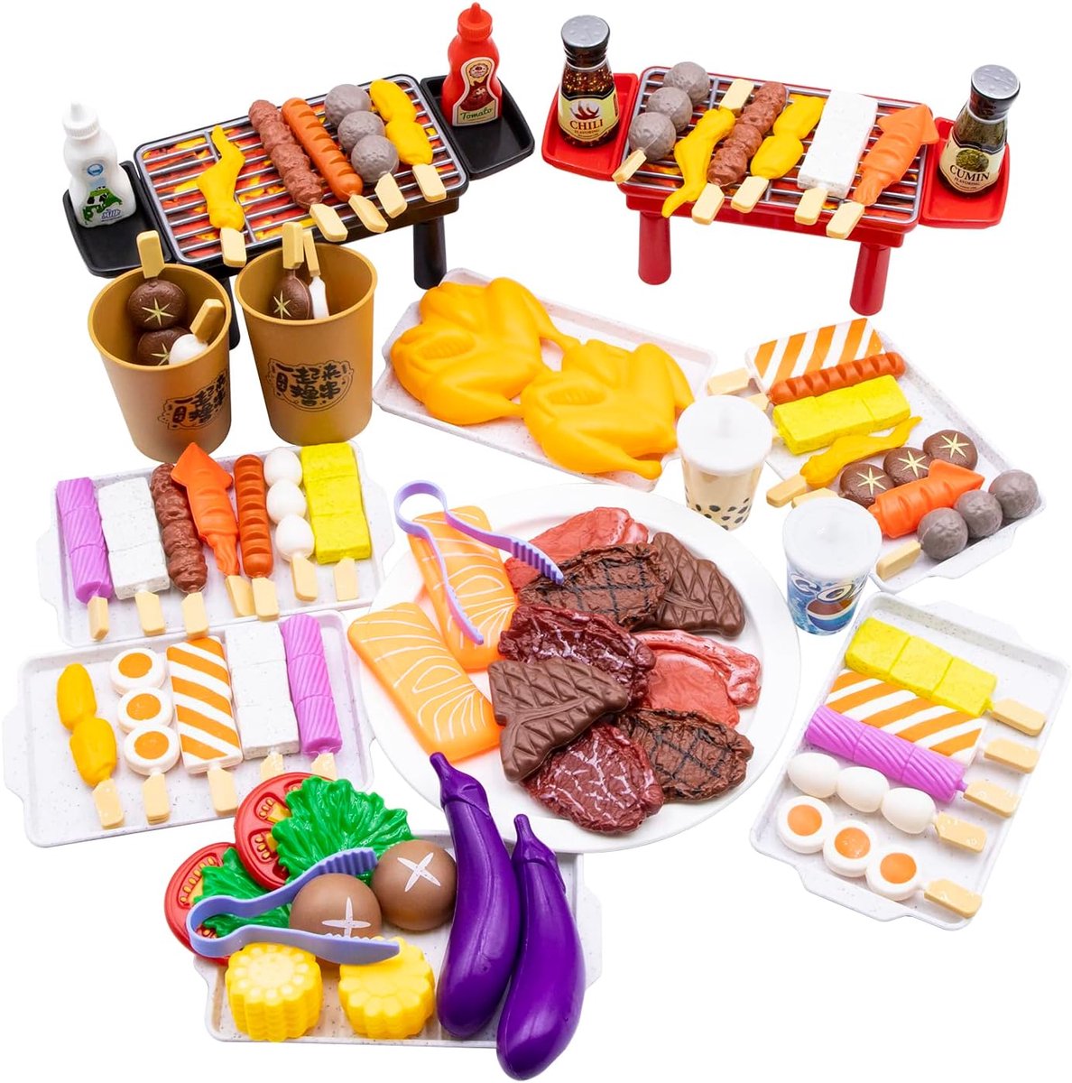 80-delige BBQ Doe-alsof Speelgoed Voedsel Set Barbecue Speelset Speelgoed Grill Keuken Kookgereedschap Rollenspel Speelgoed voor 3+ Kinderen Peuters Jongens Meisjes Kerst Verjaardagscadeaus