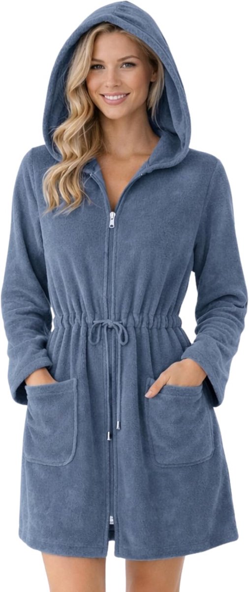 Badjas Dames met Rits Capuchon Lichtgewicht Korte Ochtendjas met Katoen OEKO TEX Emily Jeansblauw XL