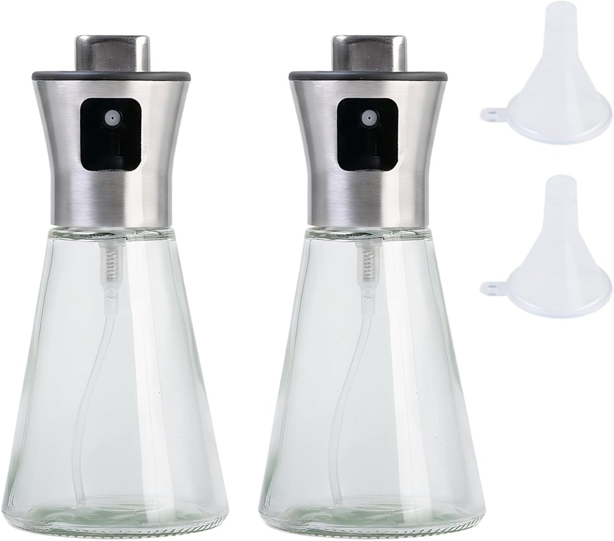 2 stuks oliesproeiers met 2 trechters van transparante kunststof, oliesproeier, roestvrij staal, 200 ml, conische vorm, antislip
