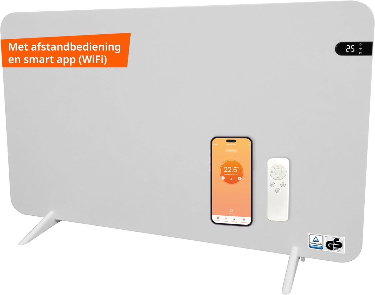 SnelShoppen - 800W Slimme Dubbele Infrarood Verwarmer met Wi-Fi App Besturing en Afstandsbediening Inclusief Handdoekhouder Voeten en Bevestigingsmate