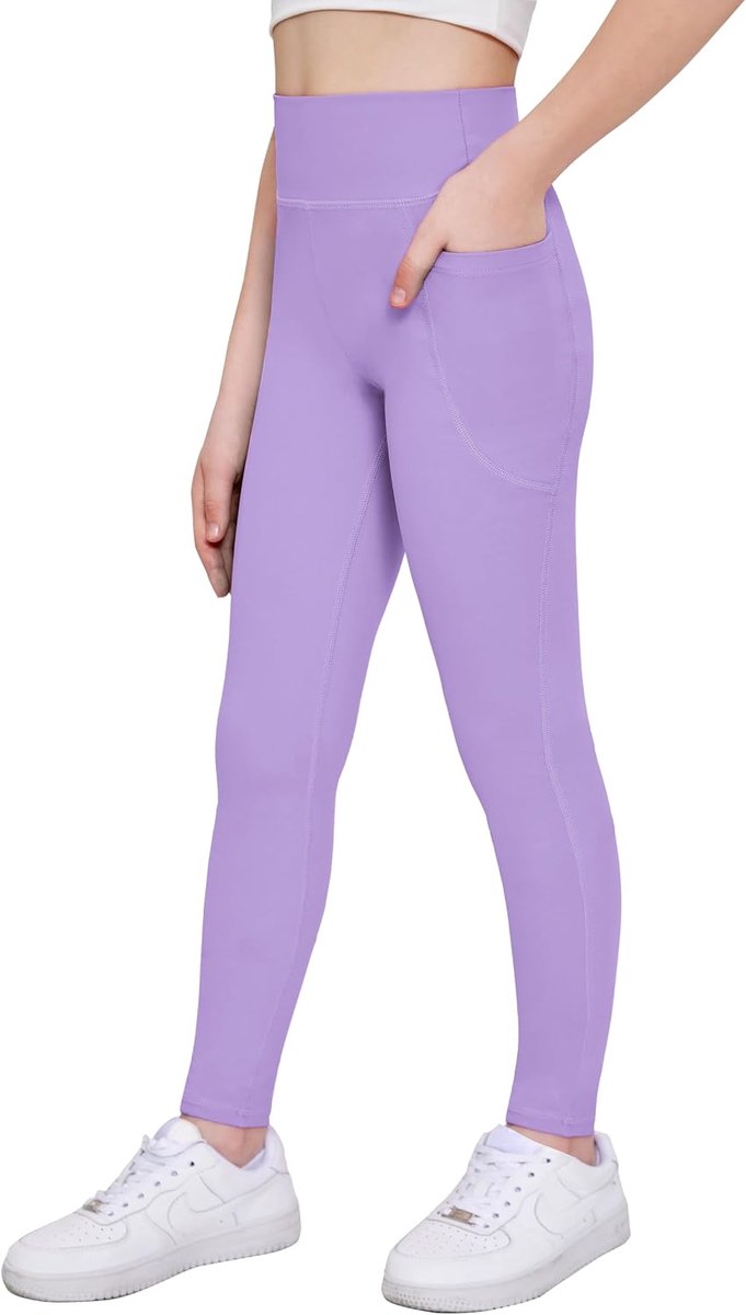 Meisjeslegging voor kinderen, lange sportlegging, effen, hoge taille, sportbroek, basic, elastische leggings, joggen, training, yogabroek met zakken, 5-14 jaar