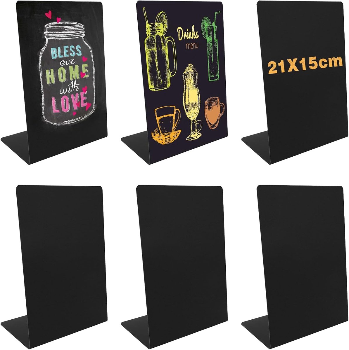 Krijtbordstandaard, A5, 6 stuks, 21 x 15 cm, zwart, L-vorm, zwart, prijskaartjes, standaard, klein krijtbord, buffet, borden voor restaurant, café, bruiloft, feest