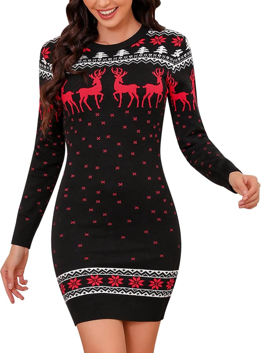 Kersttrui-jurk voor dames, nieuwigheid rendier, sneeuwvlokken, gebreide dameskerstjurk, lange mouwen, ronde hals, kersttrui, gebreide trui, Zwart, XXL