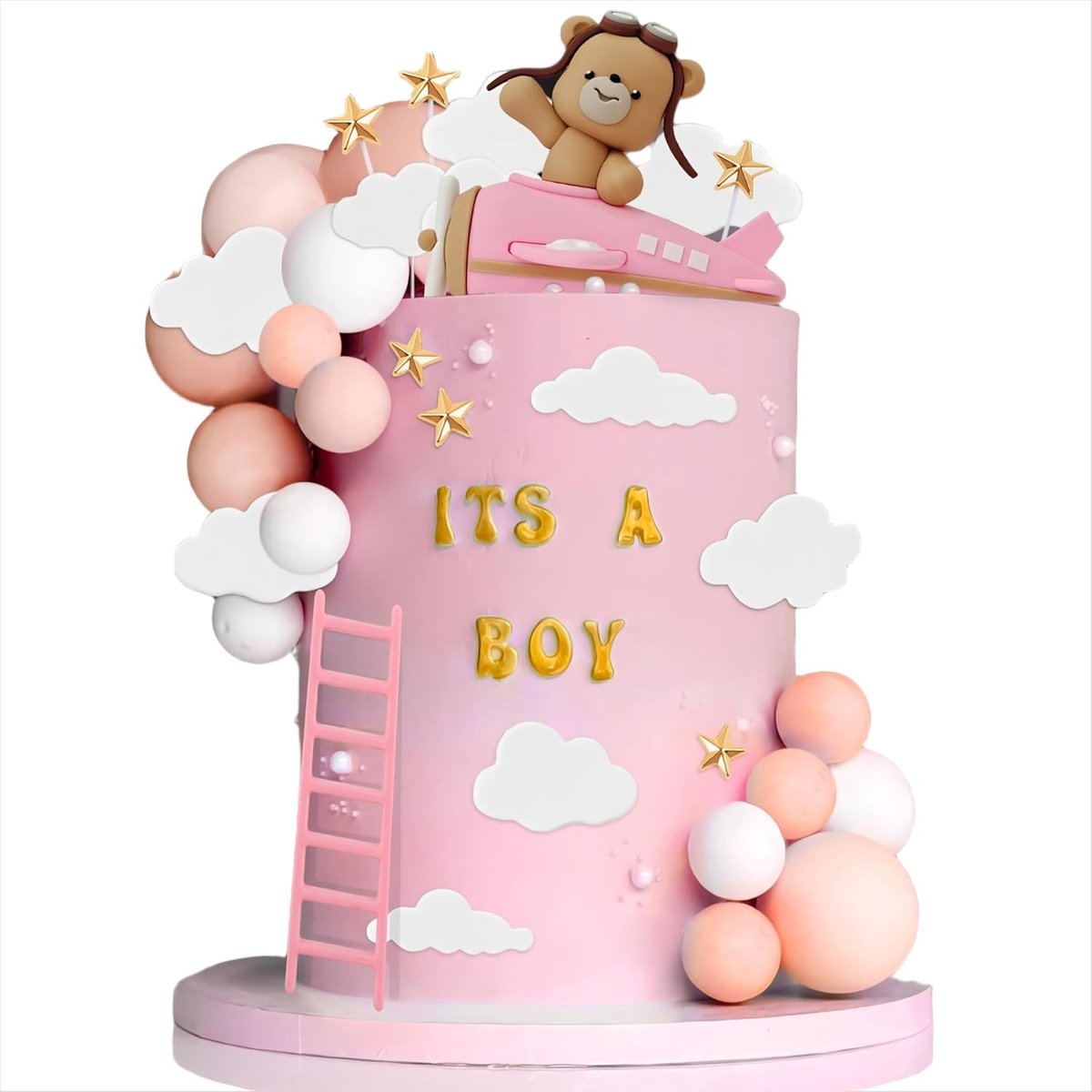Roze vliegtuig taarttopper teddybeer taartdecoratie | Roze vliegtuig taarttopper teddybeer taartdecoratie voor babyshower verjaardag feest set met 1 teddybeer 1 ladder 5