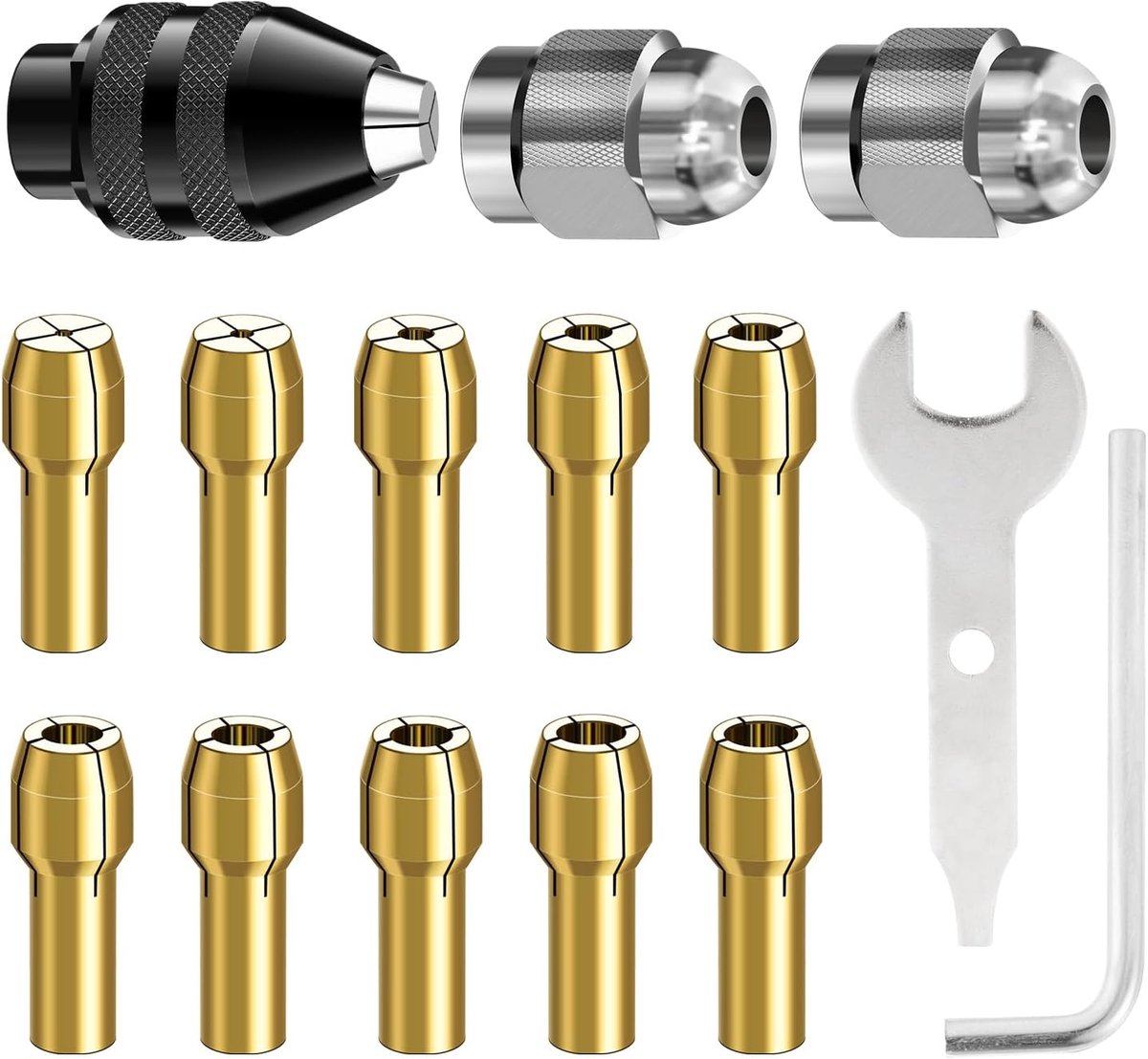 15-delige spankop compatibel met Dremel roterend gereedschap accessoires 0,8 mm tot 3,2 mm Vervangende 4486 snelwisselspankop Vervangende 4485 messing collet metalen moer