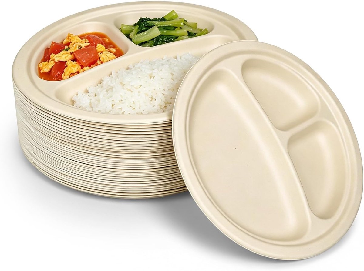 Set van 50 grote ronde bagasse papieren borden met 3 vakken, super stijf, recyclebaar, campingservies, magnetron en oven voor feest, picknick