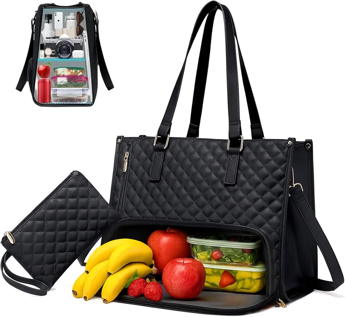 Lunchtas voor dames, 2-in-1, laptoptas 15,6 inch en geïsoleerde lunchtas, elegante kantoor- en werktas met laptopvak en koelvak voor universiteit, reizen en dagelijks gebruik (zwart)