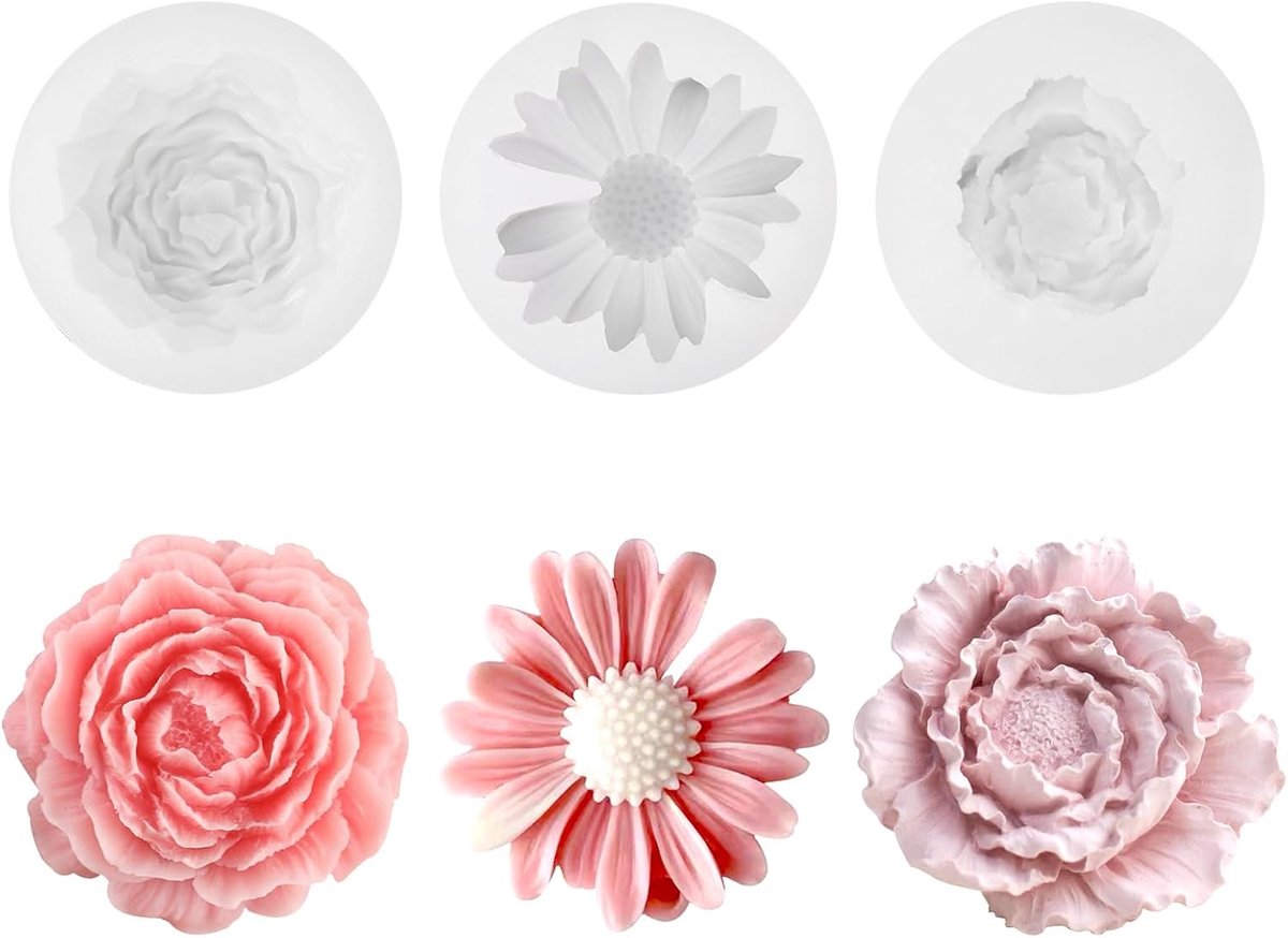 3 Stuks 3D Siliconenvorm Bloemen, Bloemen Siliconenvorm, Madeliefjes, Pioenrozen, Camellia's Bloemenvorm om te Gieten voor Doe Het Zelf Kaarsen en Zeep