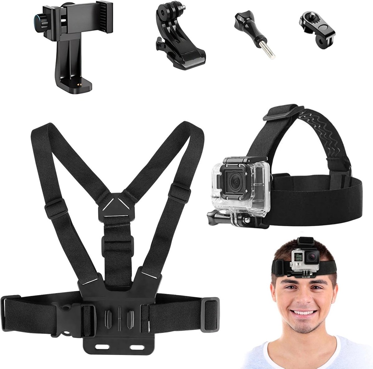 6-delige borstbandhouder kit voor actiecamera's - accessoires voor GoPro, borstband, hoofdband - verstelbare 3-in-1 camera houder voor GoPro Hero, Xiaoyi, DJI, iPhone actiecamera's