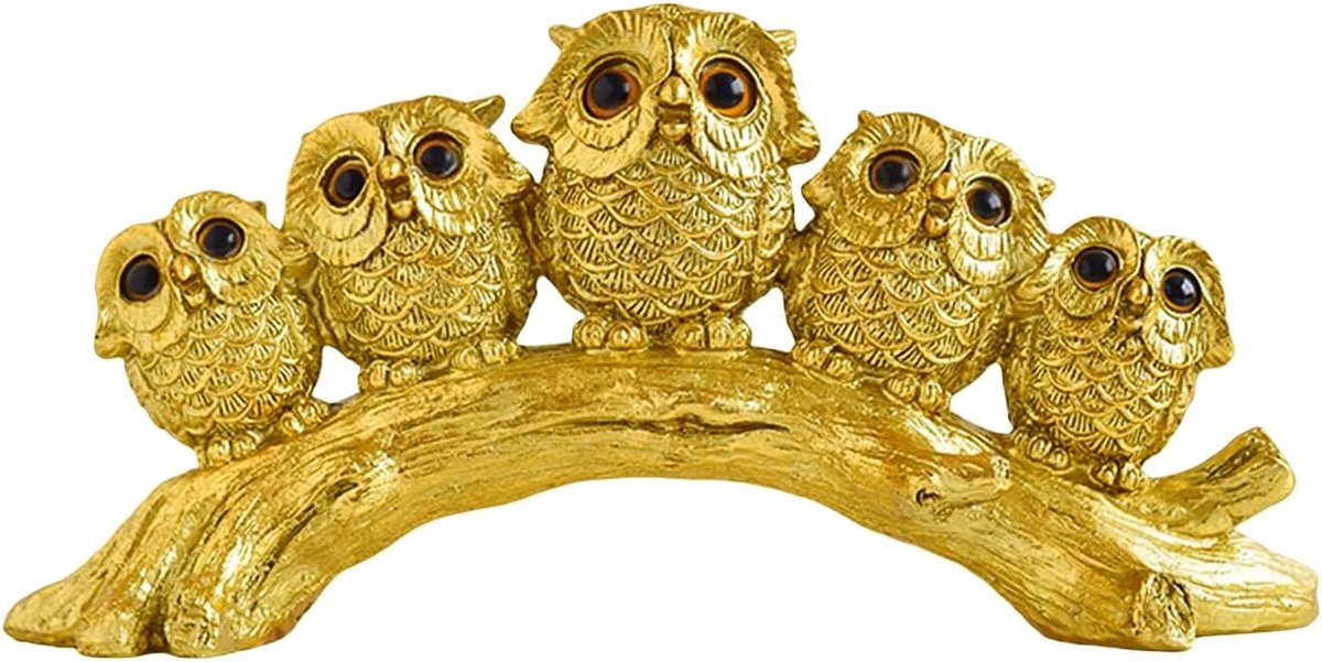 uildecoratie, kleine decoratieartikelen, meubeldecoratie, sculptuur voor thuis, kantoor, tafelblad. Geschenken voor uilenliefhebbers. (Vijf gouden uilen)