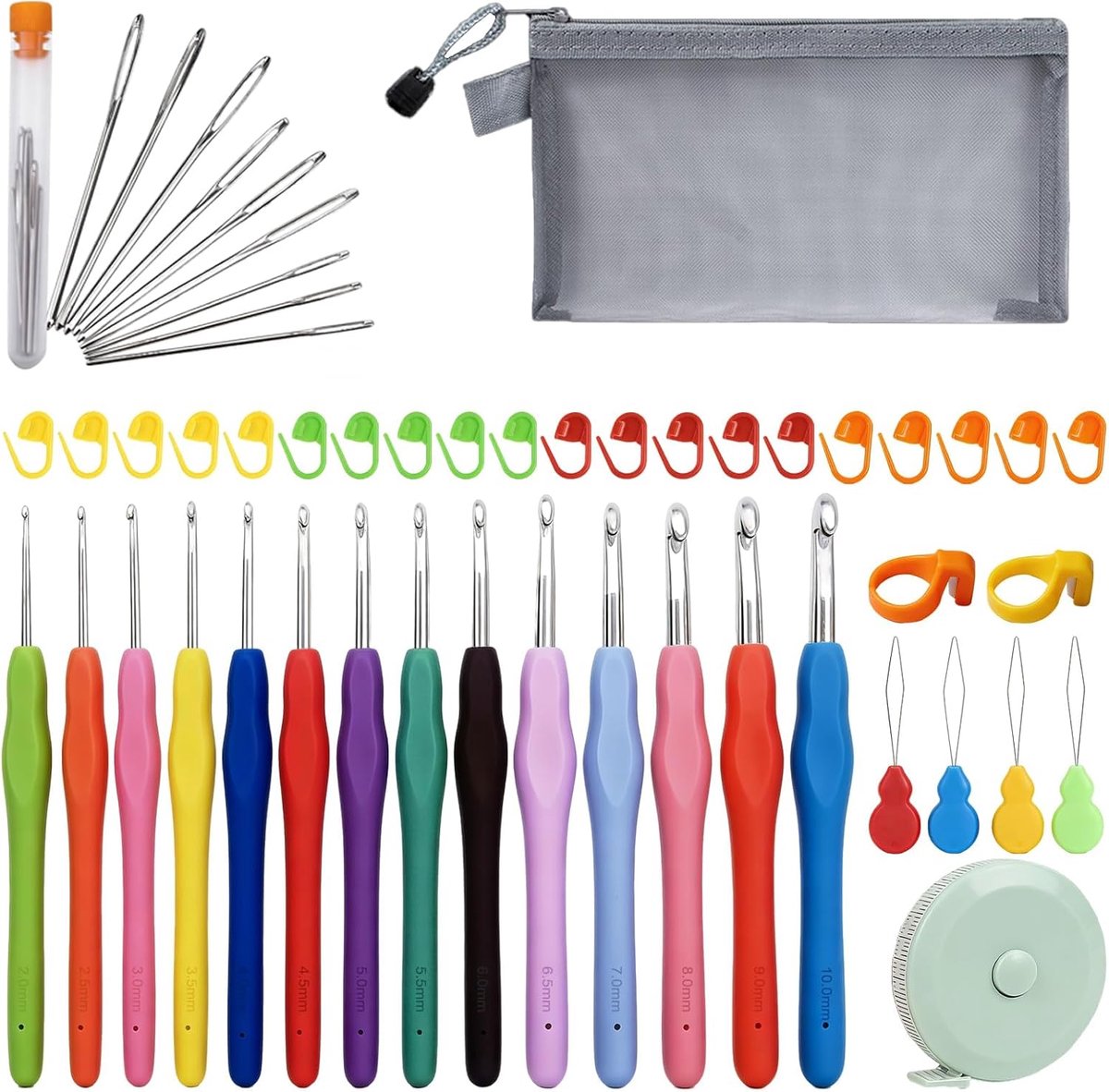 Haaknaaldenset 51-delig, Beginnersset Haken met 14 Ergonomische Aluminium Haaknaalden 2-10 mm, Steekmarkeerders, Naalden, Meetlint en Opbergtas, Roze