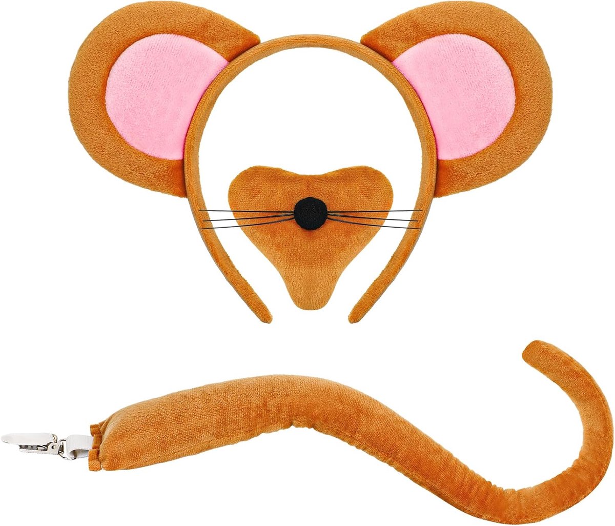 Dierenkostuumset met muizenoren en staart, set met muizenoren, haarband, neus, muisstaart voor dierkostuum, cosplay, verjaardagsfeest, Halloween, carnaval, bruin