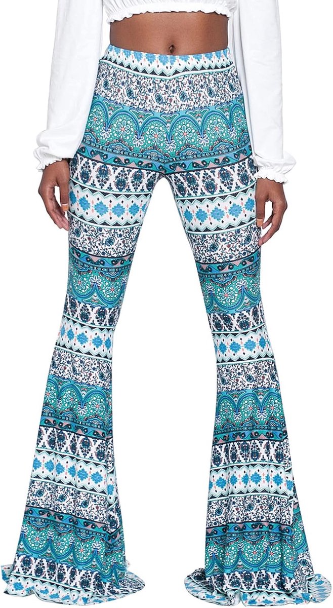 Vintage bedrukte lange uitlopende broek voor dames, hoge taille, rekbare wijde pijpen, yogabroek