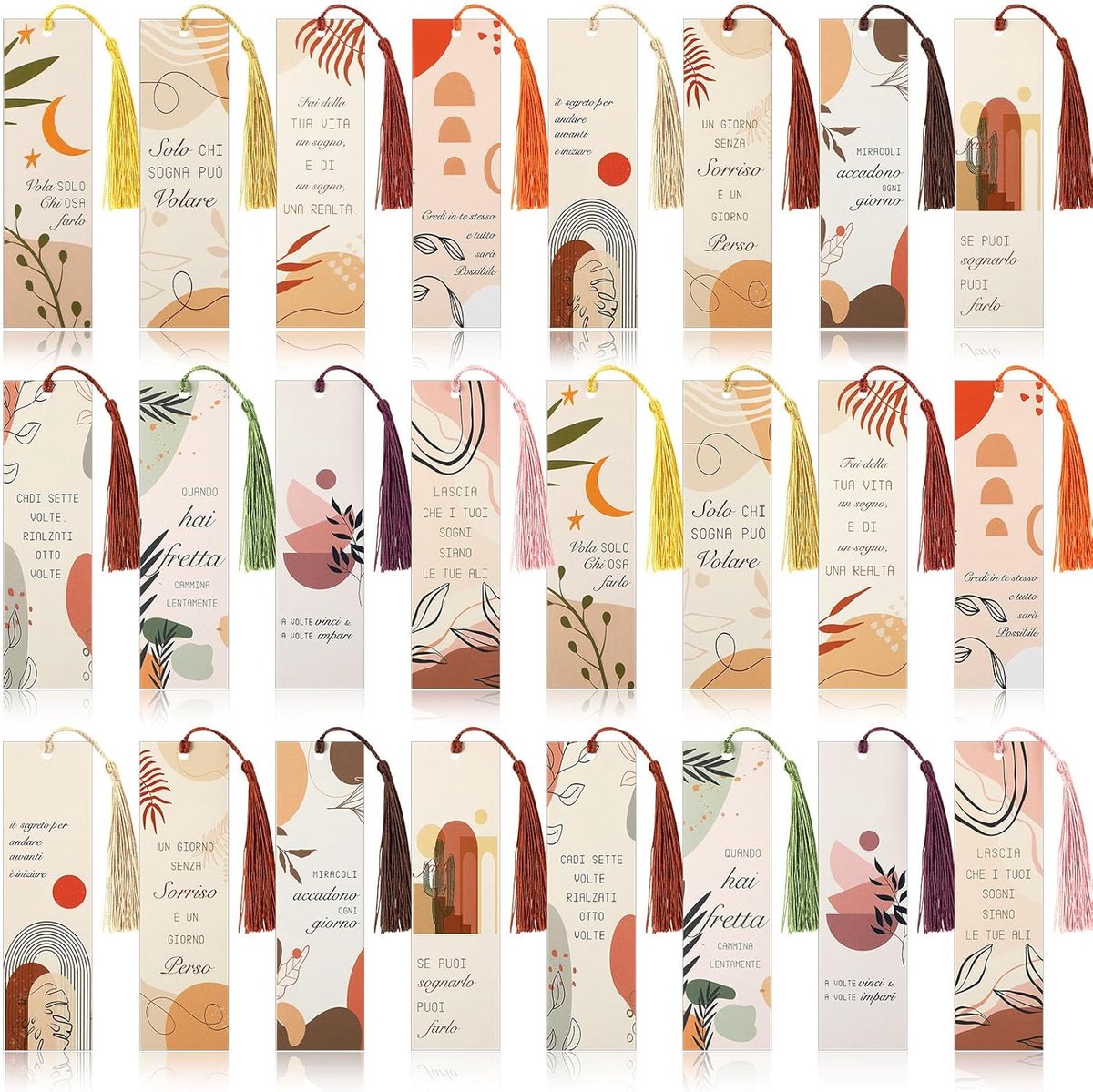 24 bladwijzers met motiverende zinnen in het Italiaans, inspirerende bladwijzer met kwast, kleurrijk papier, bedankje voor collega's, verjaardag, Kerstmis (planten)