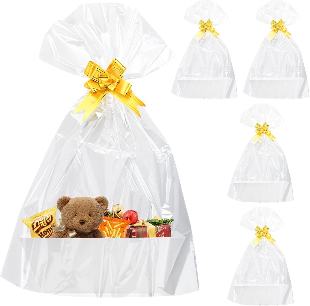 SnelShoppen - 5 Stuks Lege Geschenkmanden Kartonnen Geschenkmand met Handgrepen, Strikken en Cellofaanzakjes voor Verjaardagen, Bruiloften en Feesten