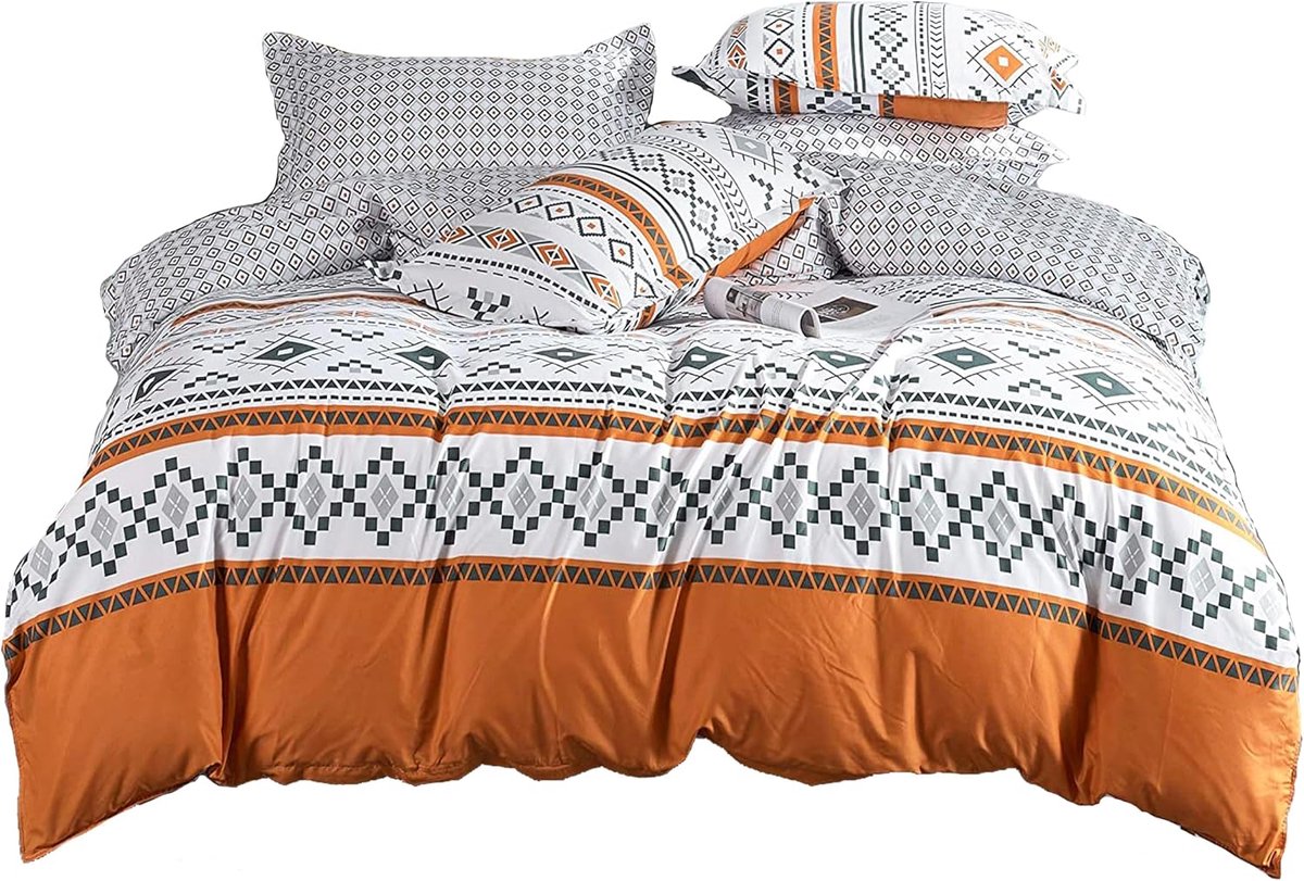 Bed Linen Set, 4 Pieces, Modern Geometric Design, White/Orange/Grey, Polyester, Warm and Comfortable, 105 cm Bed - ShopVlot