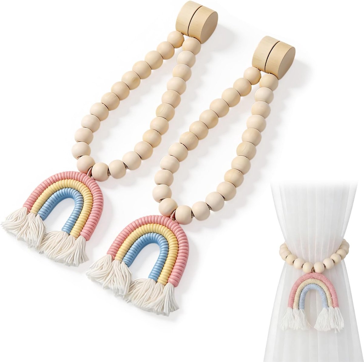 Pack of 2 Magnetic Curtains Wooden Polyester 40.5 cm with Rainbow Pompom, Decoration Pink for Home and Office - ShopVlot