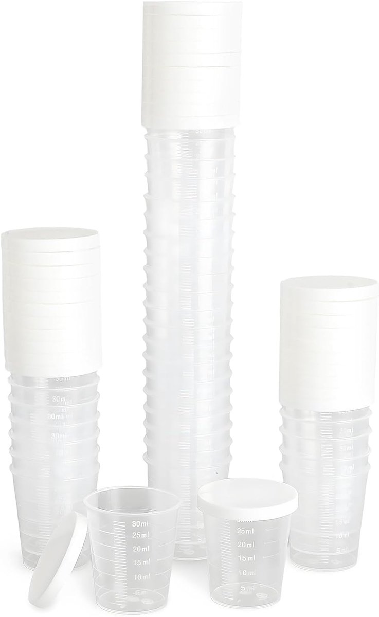 SnelShoppen - 50 Mini-Bekers met Deksel 30 ml - Kunststof Doseerbeker met Schaalverdeling - Perfect voor Laboratorium, Huishouden, Medische Toepassing