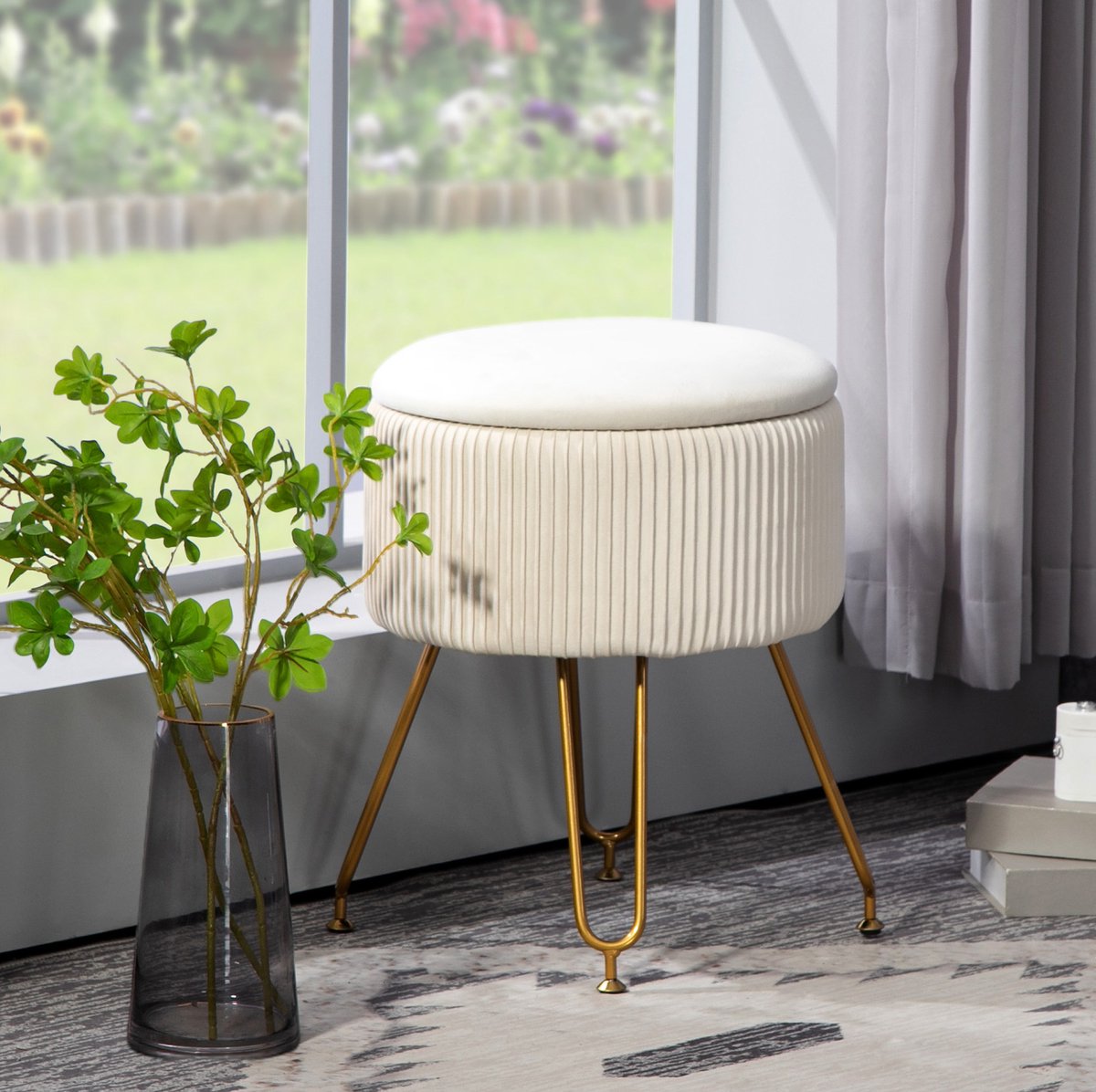 COVREO Voetenbankje met opbergruimte, Ø40 x 48 cm, cream white, stof, met deksel