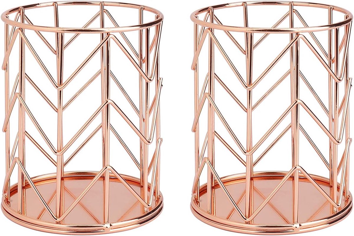 SnelShoppen - Pencil Holders Openwork Ronde IJzeren Kunst Pennenhouder Holle Make-up Kwastenopberger Multifunctionele Desktop Organizer 2 Pack (Roze G
