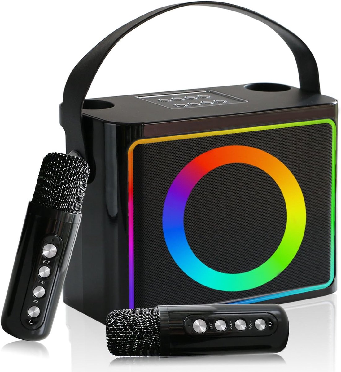 Karaoke machine met twee draadloze microfoons - draagbaar met LED verlichting - ondersteunt TF kaart/USB - ShopVlot