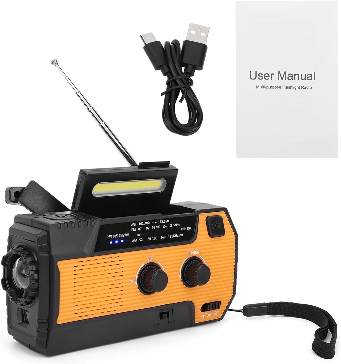 SnelShoppen - Solar Radio, Noodweer Radio AM/FM met Dynamo, USB Oplader, Oplaadbaar 4000 mAh, SOS Alarm, LED Zaklamp voor Thuis, Camping, Hiking