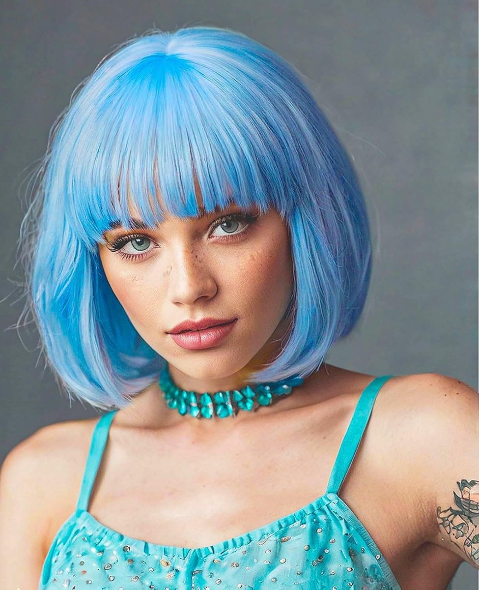 Korte Bob Perucque met Pony, 30 cm Synthetisch Steil voor Carnaval, Cosplay en Feestdagen in Lichtblauw