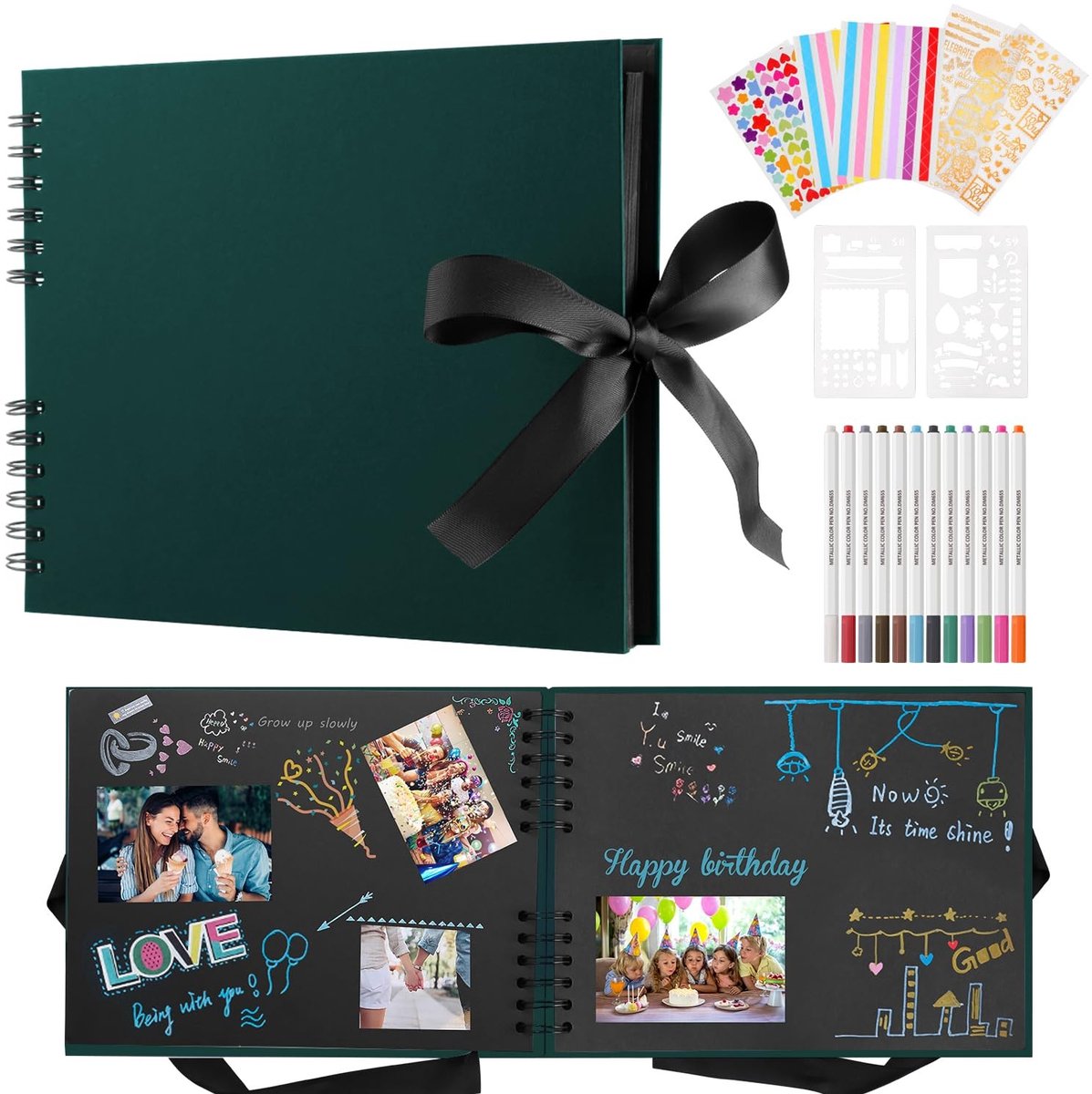 Omgoods - Scrapbook Fotoalbum met 80 Zwarte Pagina's en 12 Metallic Pennen