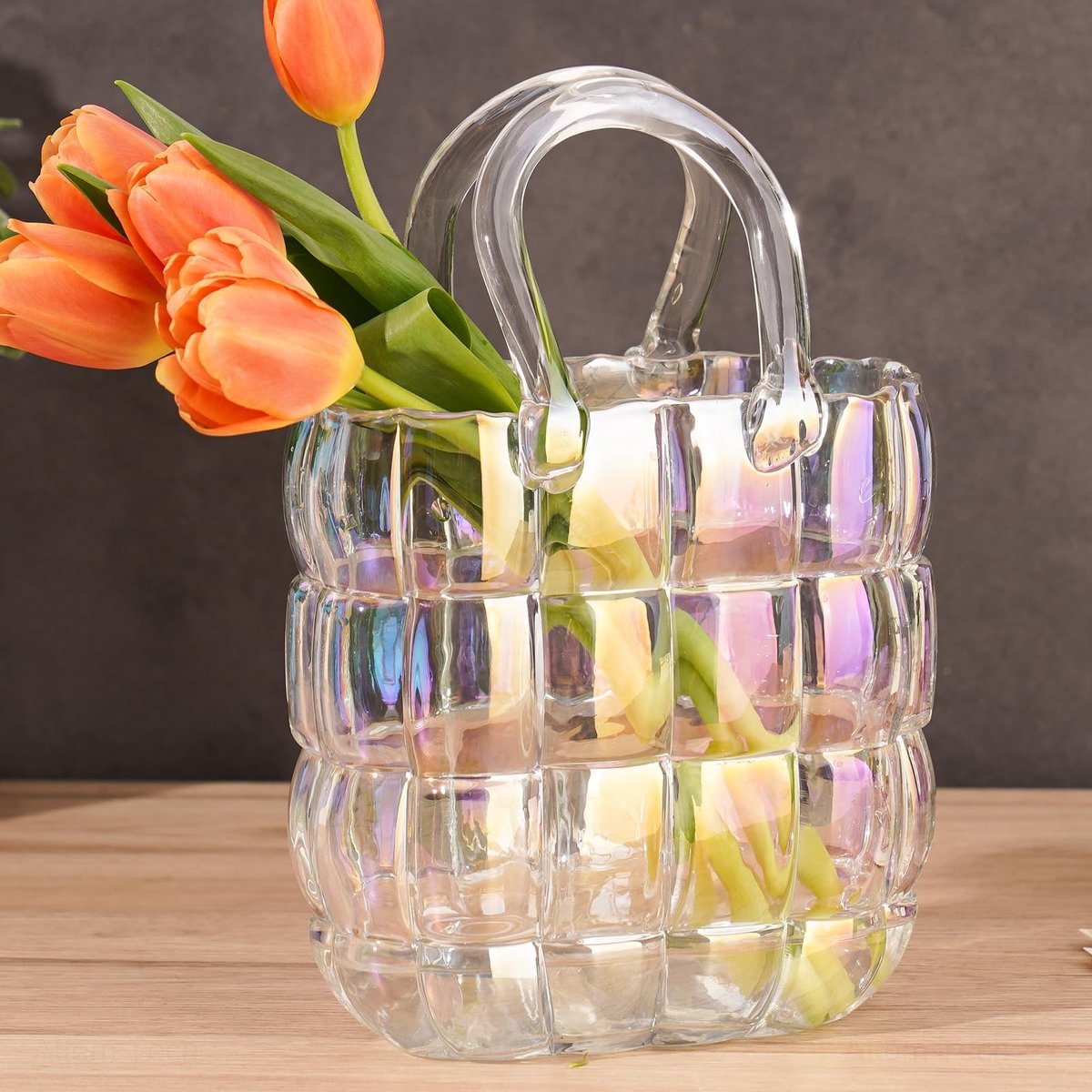 Omgoods - Iridescent Glasvaas met Handtasvormige Handgreep