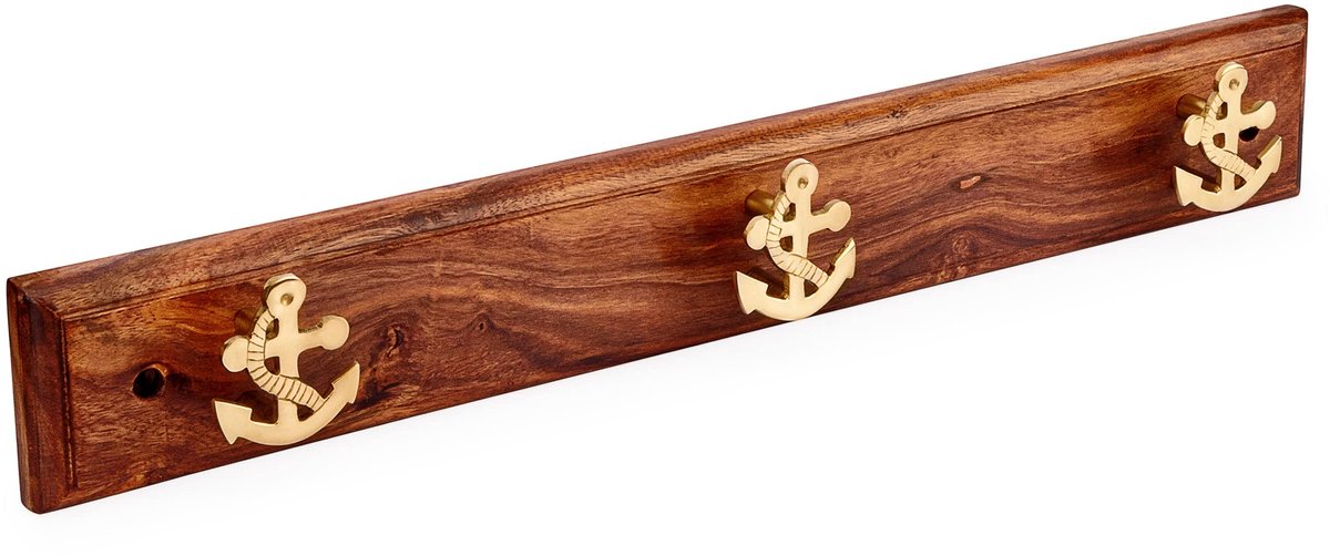 Omgoods - Maritieme Haaklijst met Anker 3-gang Messing op Hout