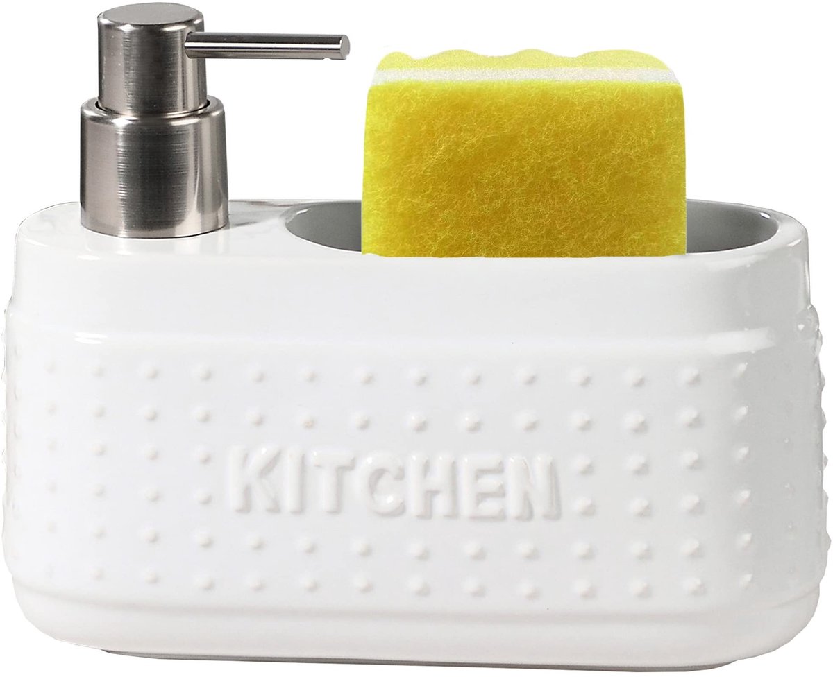 Omgoods- Afwasmiddeldispenser grote capaciteit - Zeepdispenser keuken - Keramisch - Sponshouder - 21 oz - Vochtbestendig