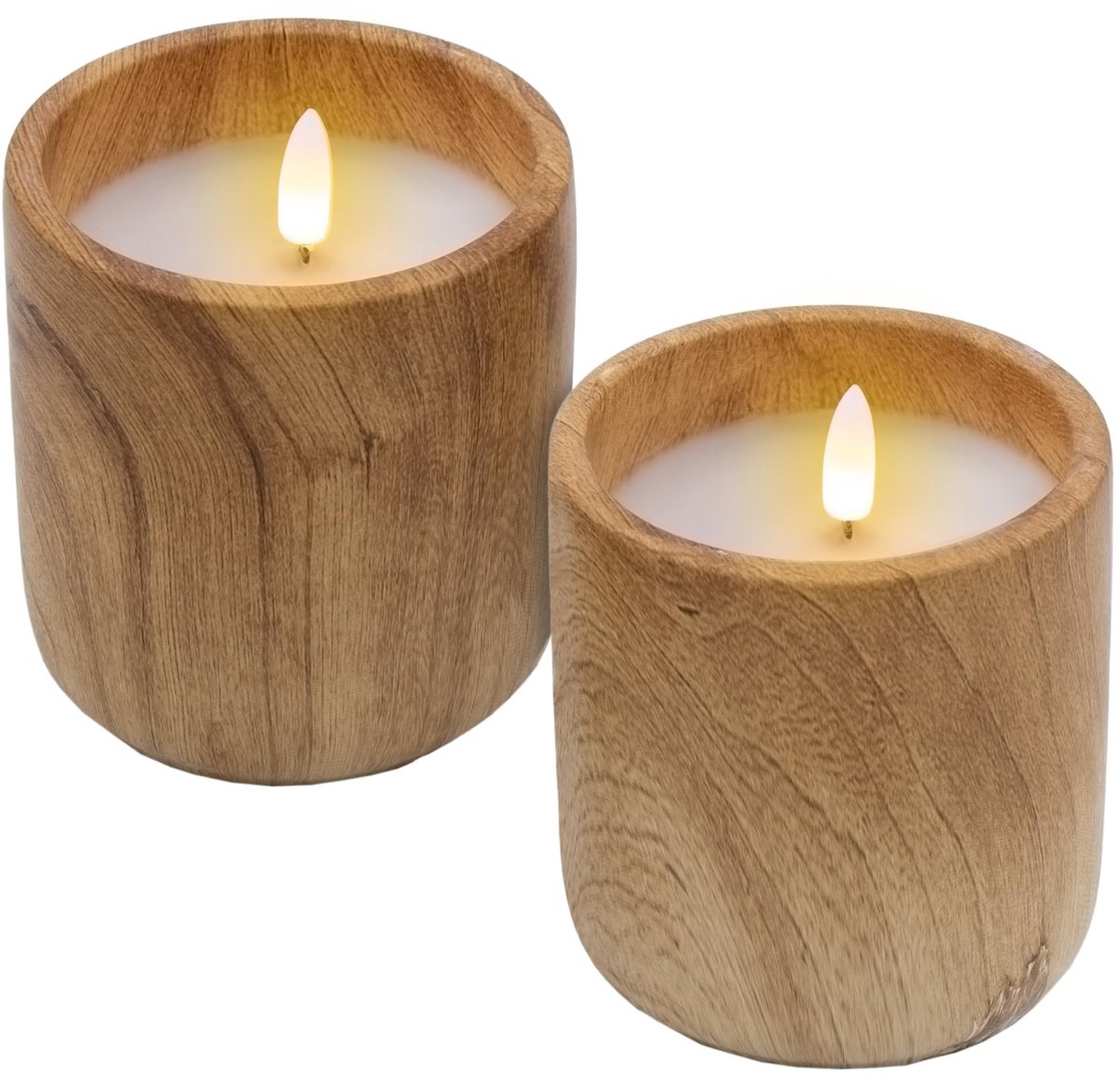 Omgoods- Led-kaars set van 2 - keramische mok met houtlook - decoratieve kaars op batterijen - timerfunctie - kunstvlam met flikkerend effect - sfeervolle verlichting