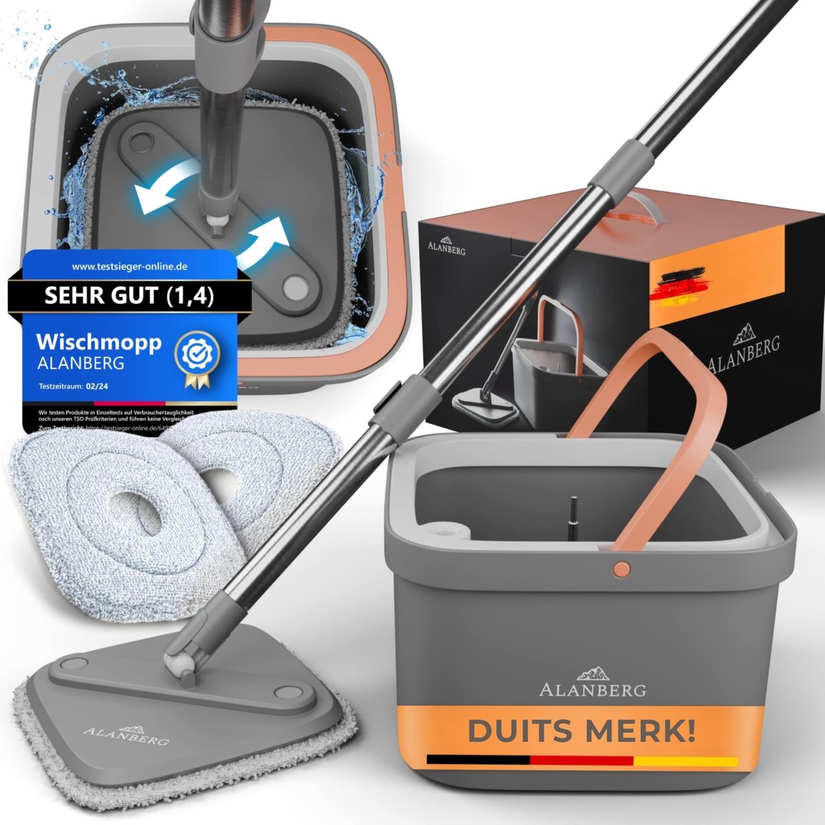Omgoods - Spinmop Dweilsysteem met Emmer, Steel en 2 Microvezeldoeken