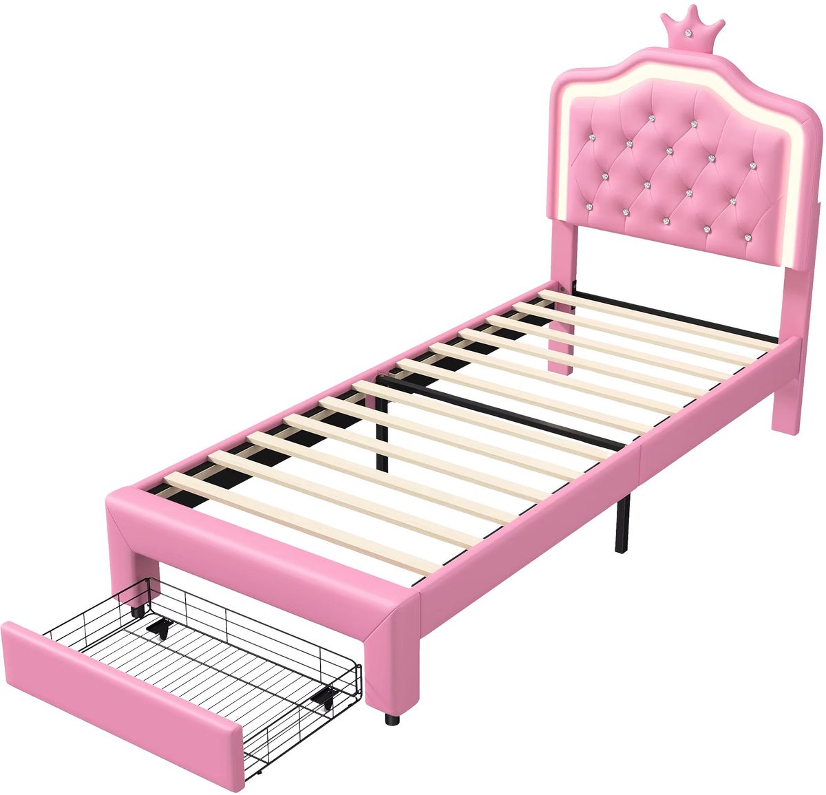 Kinderbed 90 x 200 Cm - Opbergbed met Lades, LED - Roze met LED en Opbergruimte - Hoofdbord en Lattenbodem - voor Kinderkamer of Jeugdkamer