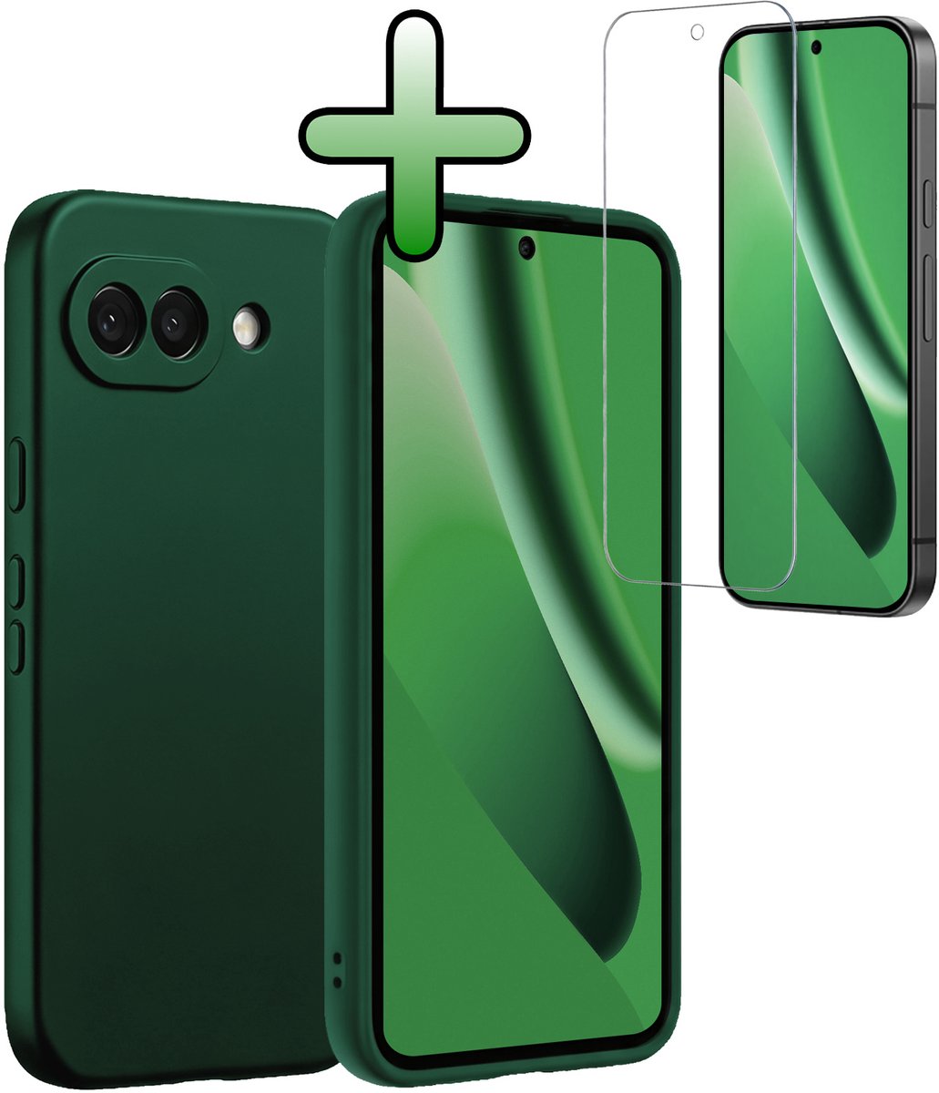 Hoesje Met Screenprotector - Geschikt voor Google Pixel 10a - Sterk & Shockproof - Back Cover - Siliconen Case - Telefoon Hoes - Donkergroen