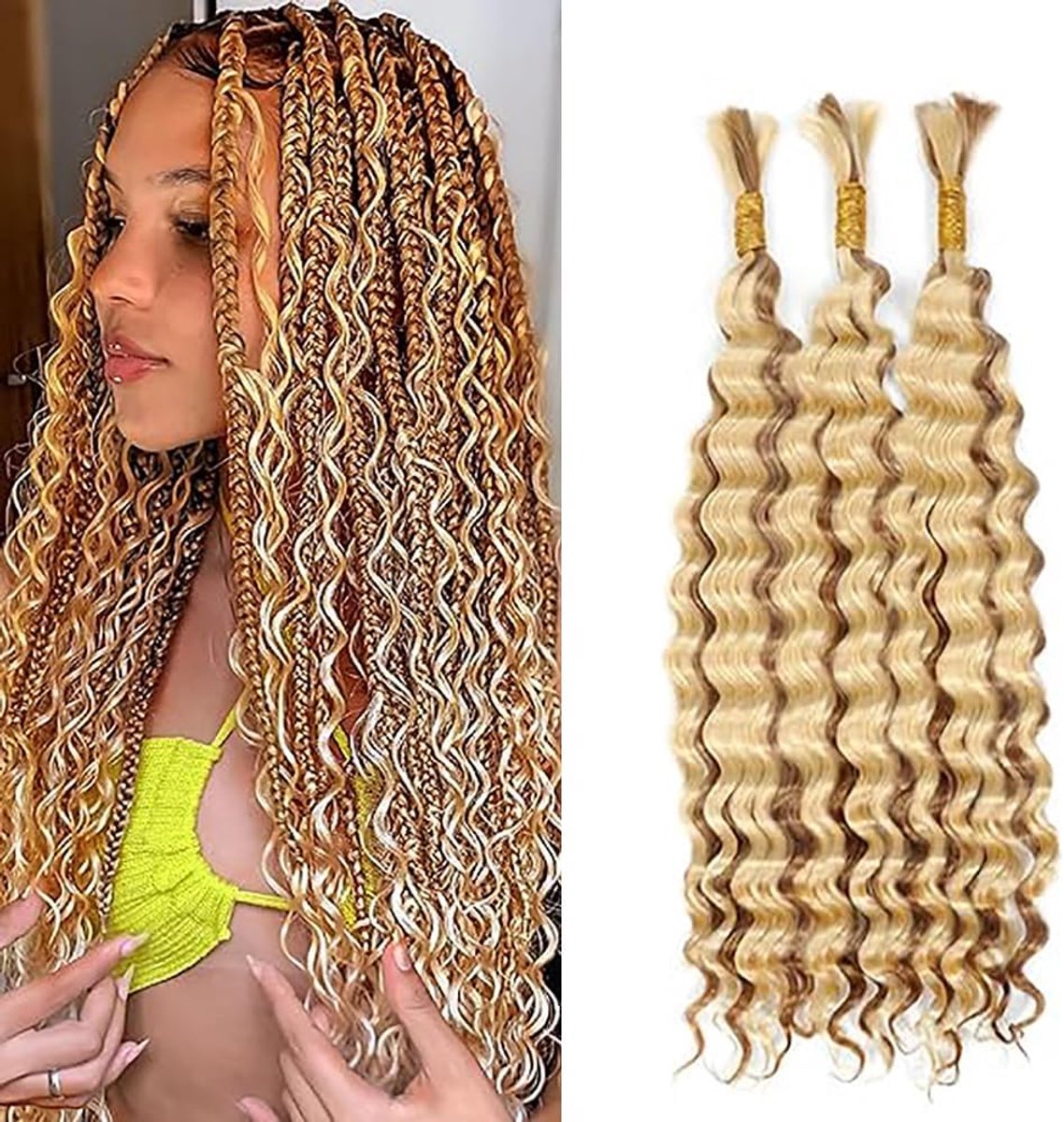 Wave Human Braiding Hair for Boho Braids P27/613 Highlight Blonde Color Human Hair Extensions No Weft Weave 50g/Piece for Women Low Shedding 14 14 14 Inch