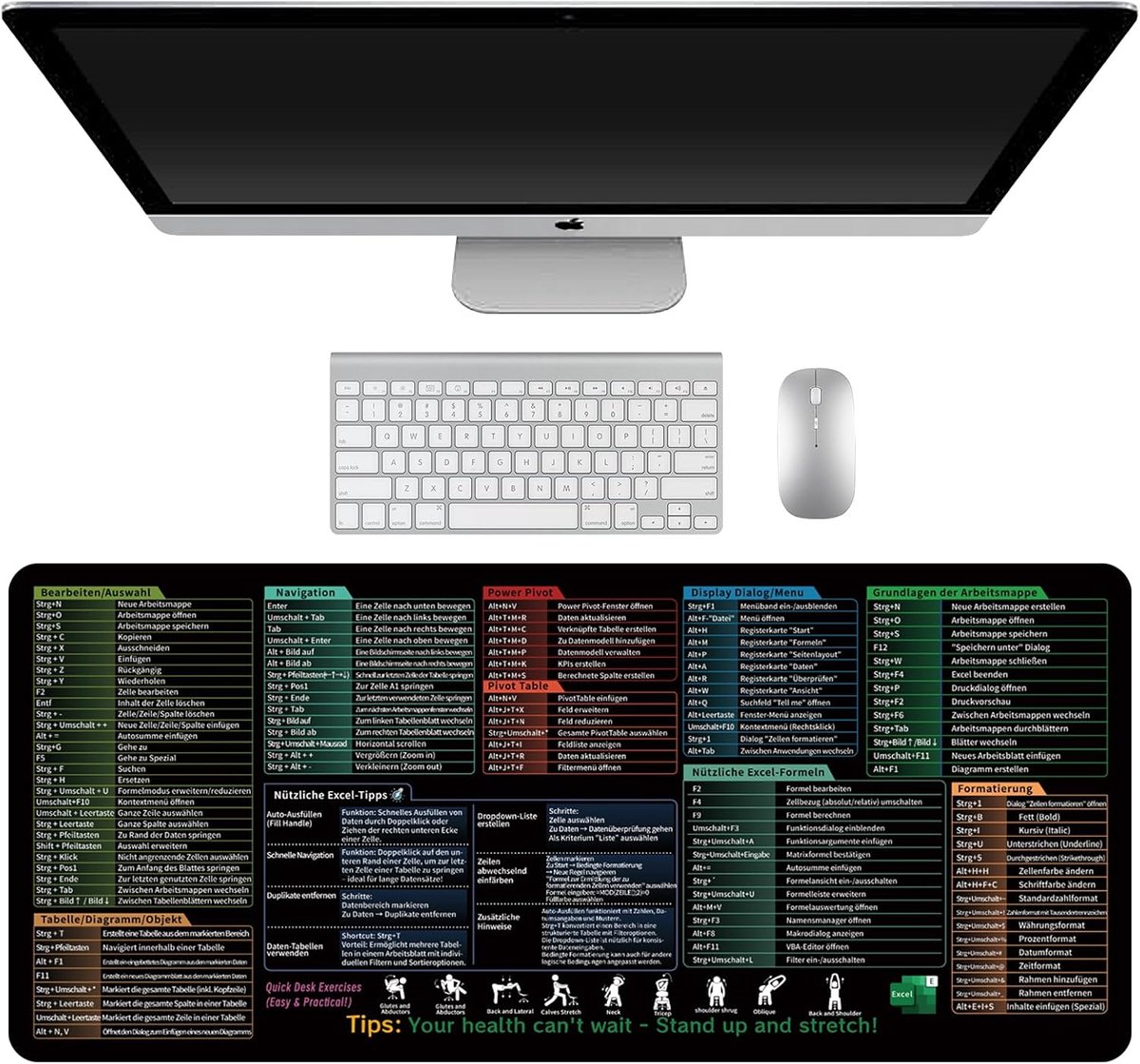 SnelShoppen - Excel Sneltoetsen XXL Grote Bureau Mat 900 x 400 mm Multifunctionele Comfortabele Gaming Muismat met Woord PPT Windows voor Kantoor, Gam