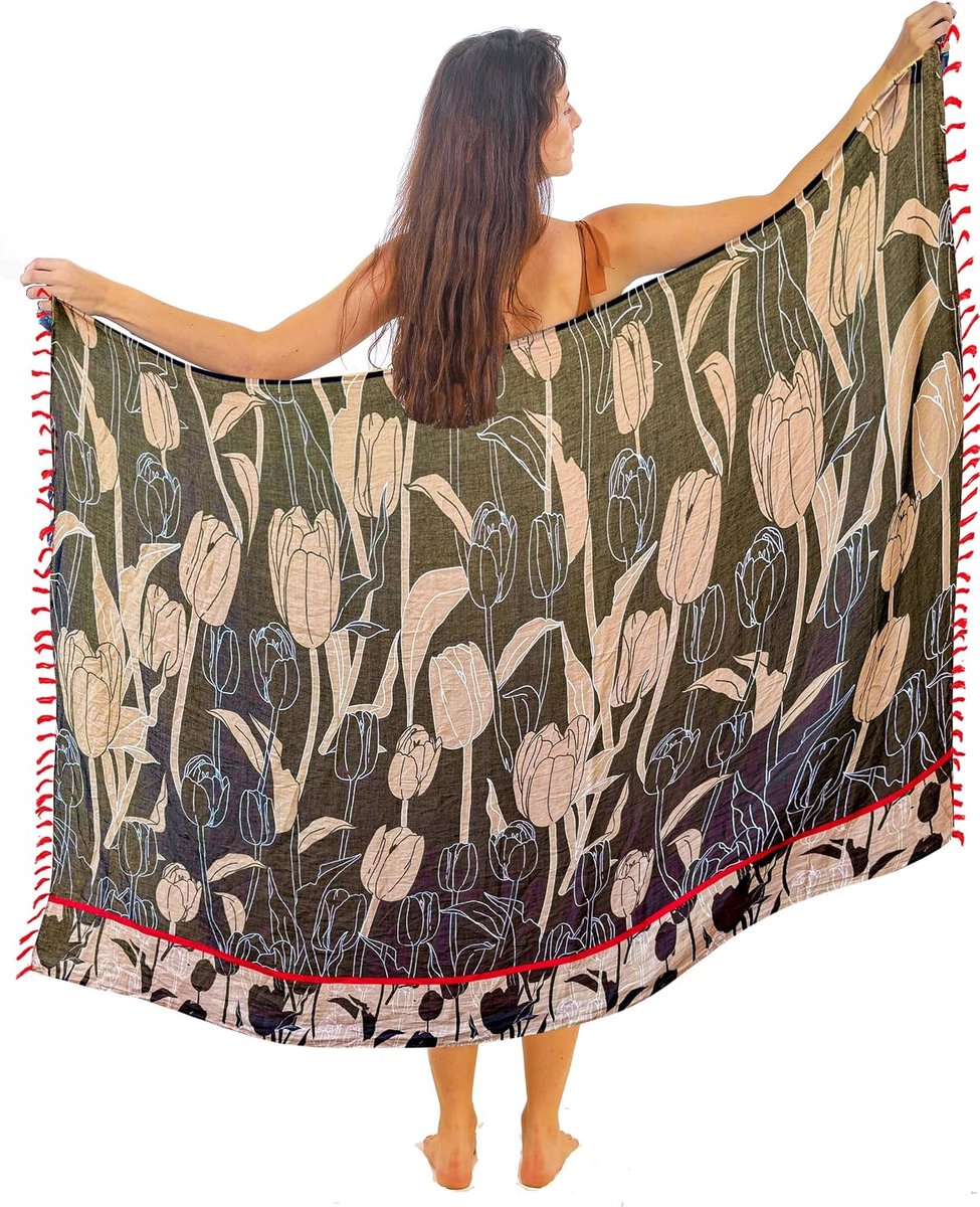 Life ART Groene pareo voor dames, met kwastjes, katoen, groot, strand, sarong, strandhanddoek, wikkelrok, strandrok, wandtapijt, wikkeldoek, bikini, bedekking, doek voor badpak