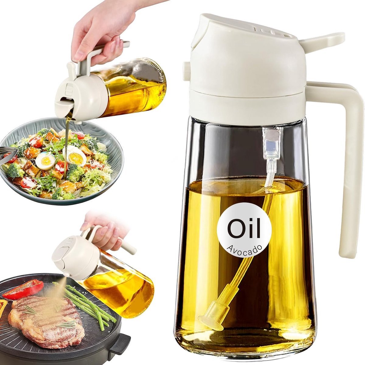 Olieverstuiver 470 ml – Olijfolie Sprayfles & Olie Dispenser – 2-in-1 Olie Sprayer – BPA-vrije Glazen Oliefles – Voor Airfryer, BBQ, Salades, Bakken, Grillen en Koken