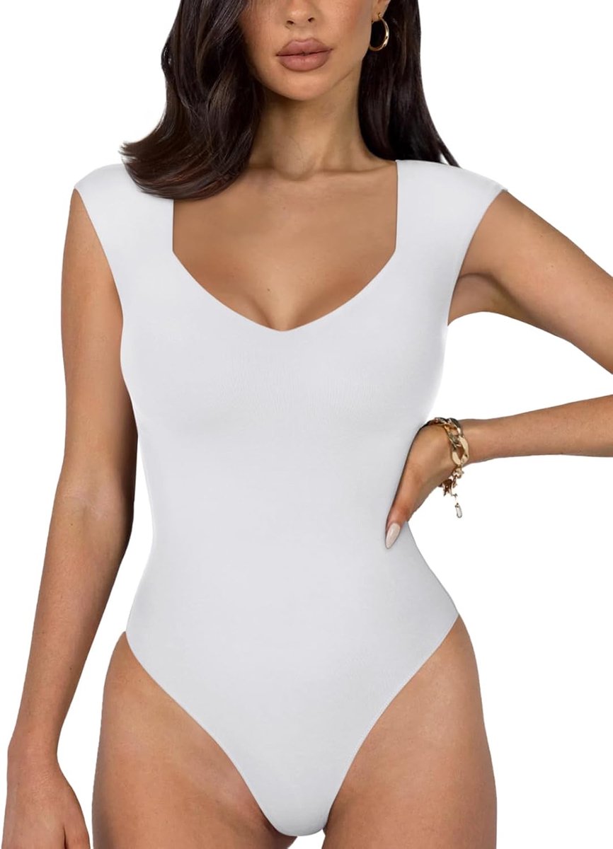 Butsmooth trendy sexy casual V-hals dubbel gevoerd mouwloos afslankende tanktop bodysuits voor dames