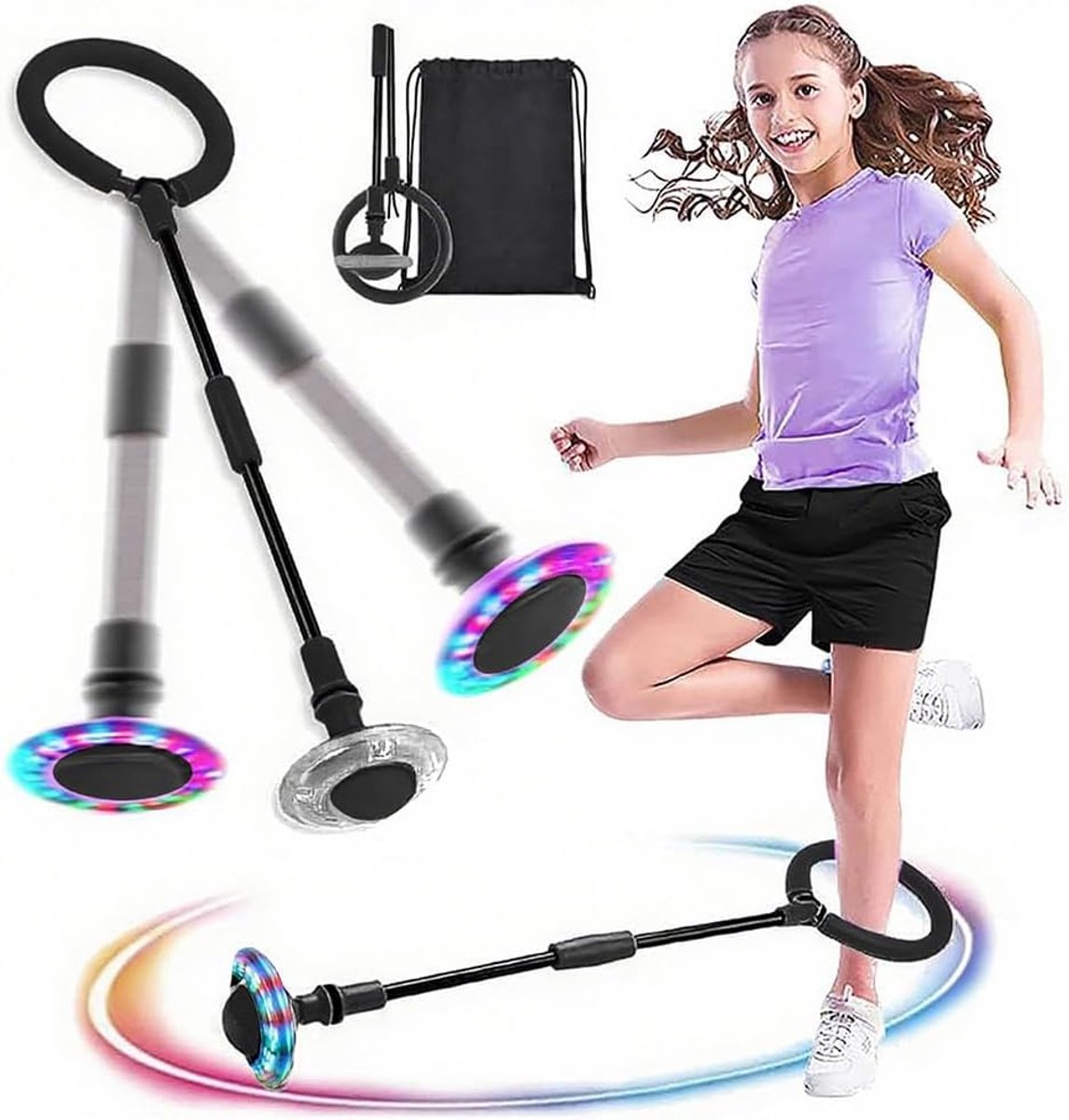 Swingwiel met lichtwiel, knipperende springring voor kinderen, voetcirkel, springbal knipperend, opvouwbare flitsende springbal (Zwart/A)