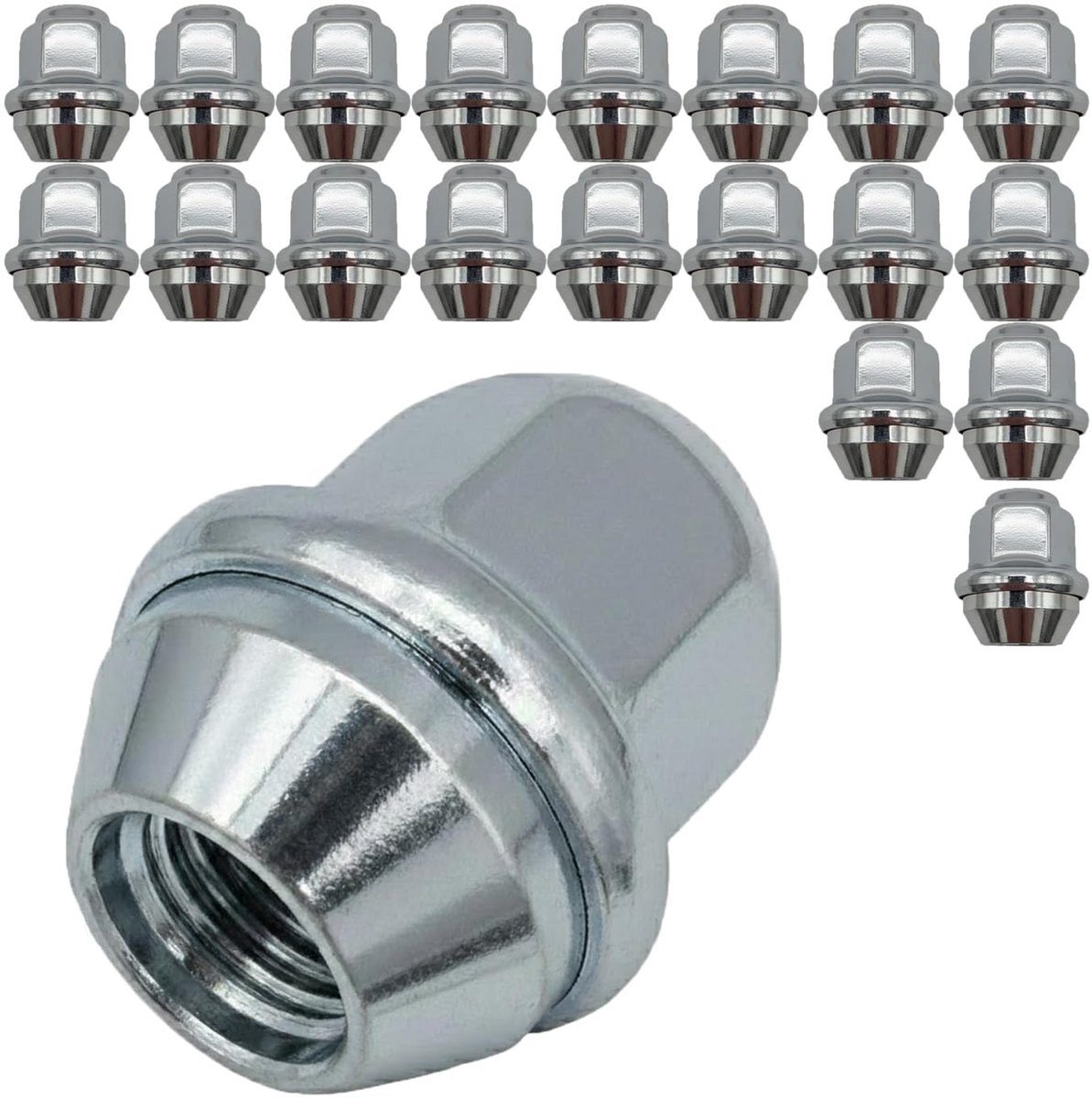 Moeren, 20 stuks, M12 x 1,5, 60° kegelband, gesloten, SW 19 mm, hoogte 31 mm, verchroomd met roestvrijstalen dop, wielmoerset voor aluminium velgen, conisch