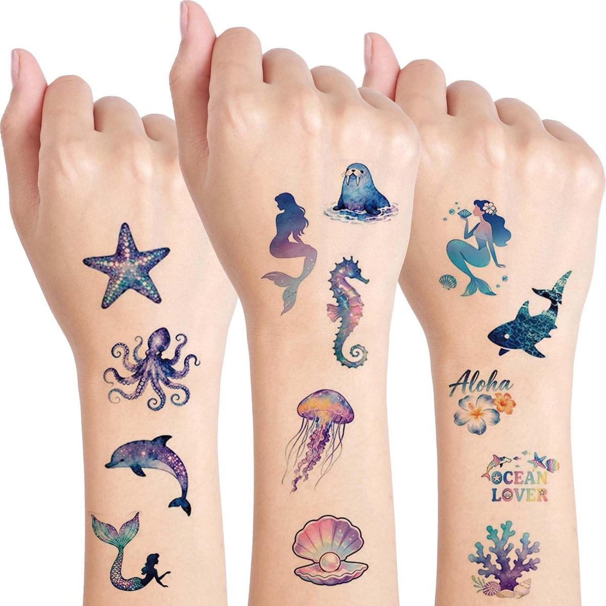 Zeemeermin tattoos, 10 vellen, waterdichte tattoo-stickers, tijdelijke tatoeages met zeemotieven als feestcadeau