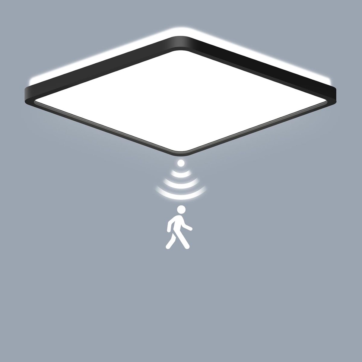 LED plafondlamp met radar bewegingsmelder, 18W 1800lm plafondlampen plat met afstandsbediening, bewegingssensor, voor badkamer, trap, toilet, garage, kelder, balkon 22x22x2.5cm Vierkant zwart