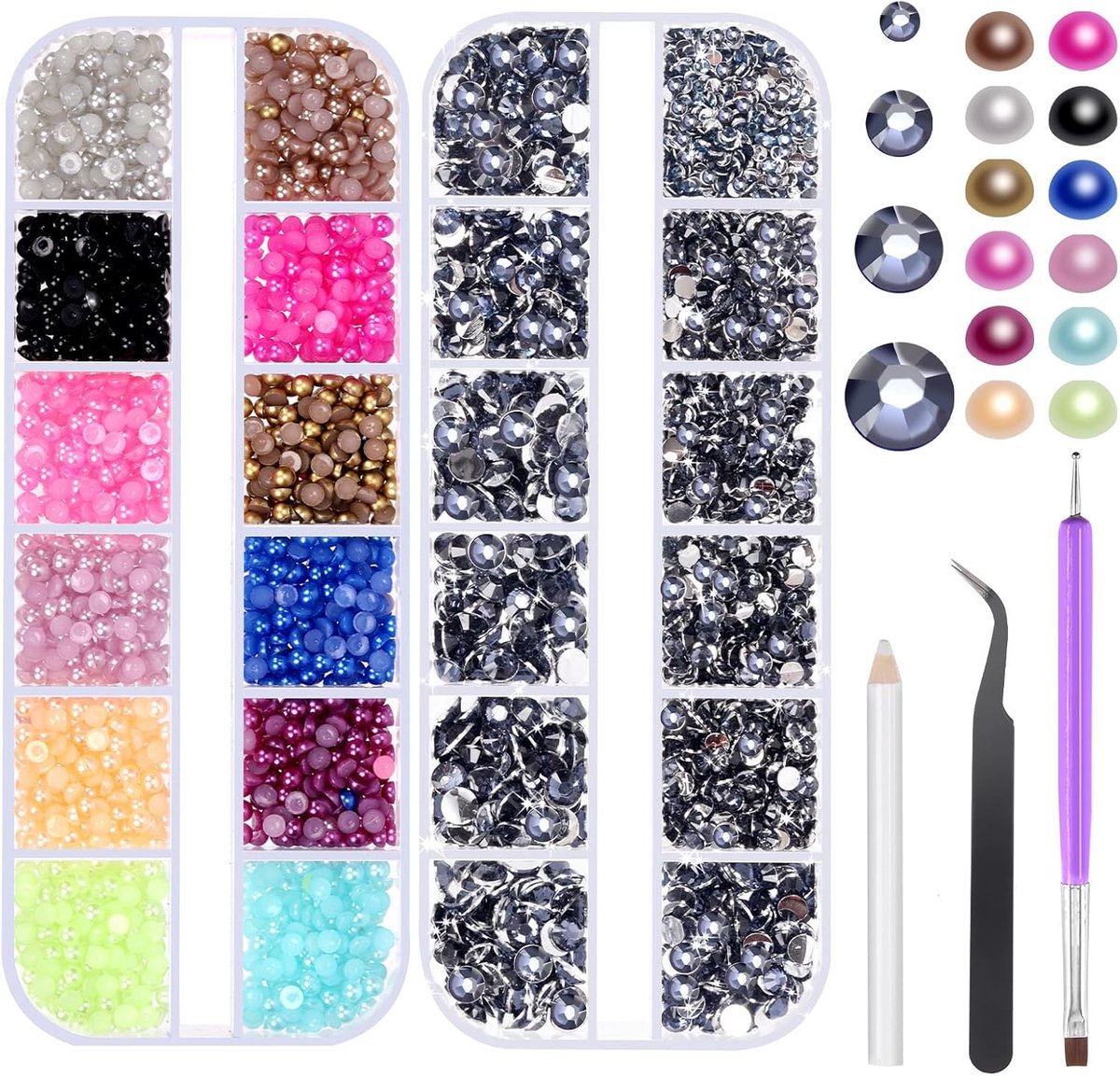 4403Pcs 2mm 3mm 4mm 5mm Inkt Blauw Vlakke Kristal Rhinestones en 12 Kleuren 3mm Halfcirkel Vlakke Terug Parel Assortiment Kit, inclusief Pincet Dotting Tool Picker Potlood Perfect voor DIY
