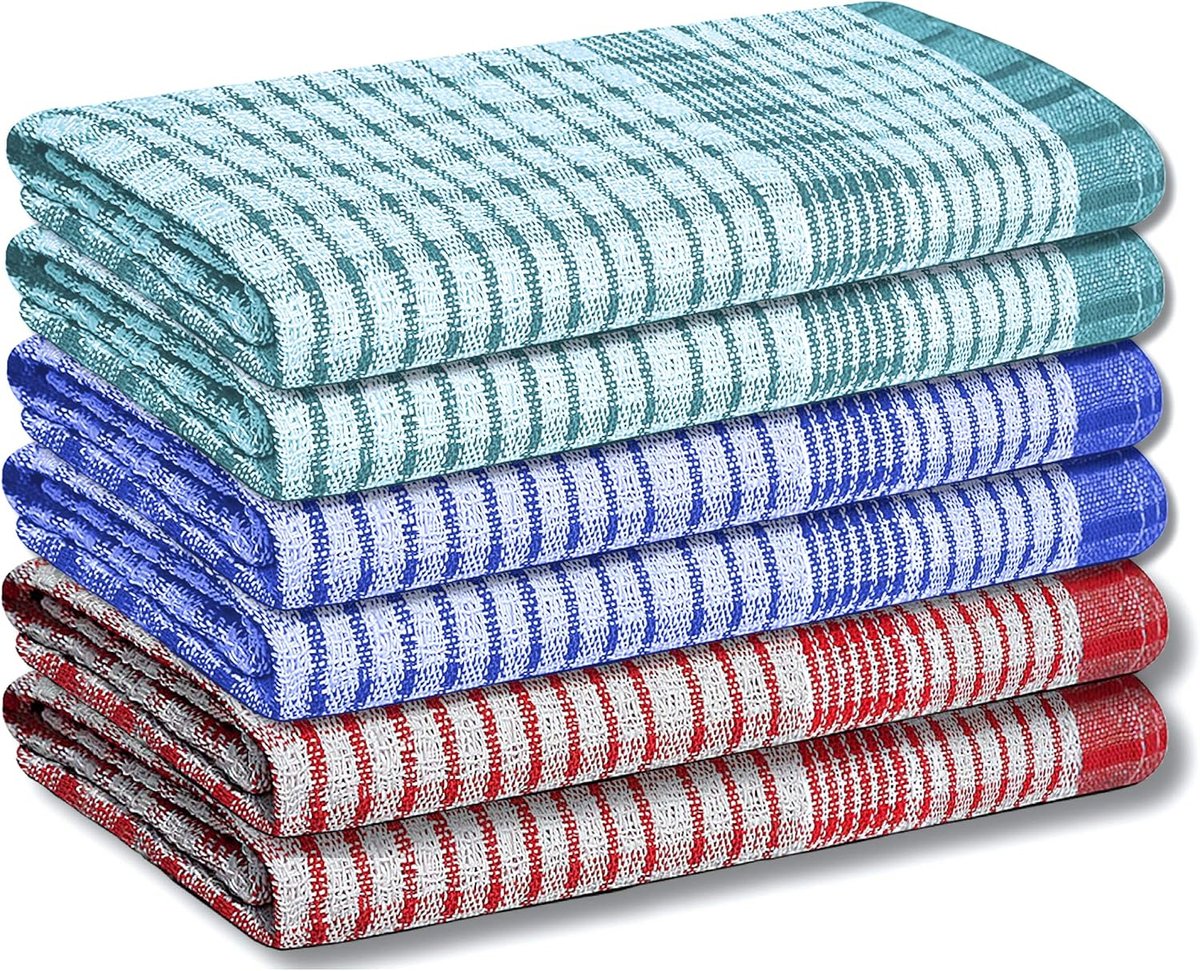 SnelShoppen - Wonderdry Keuken Handdoeken Set van 10 Katoenen Absorberende Cateringdoeken (Mix Pack van 6) Blauw, Rood en Groen, 50 x 75 cm