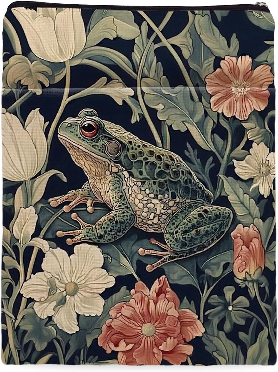 bloemenkikker William Morris boekhoes voor boekenliefhebbers, boekachtige boekbeschermer met rits, wasbare stoffen boekhoes voor paperbacks en harde kaften, 28 x 22,8 cm (groene kikker, medium