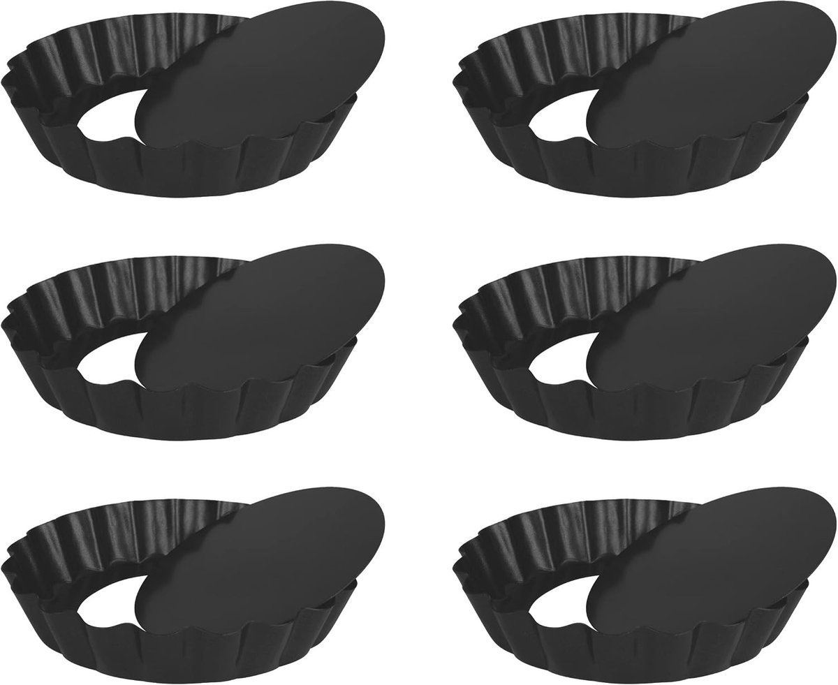 Tartelette vormpjes met hefbodem, set van 6 mini tarteletvorm, herbruikbaar quichevorm, van koolstofstaal, 10 cm, taartvorm, anti-aanbaklaag, bakvormen, Quichevormpjes, mini tarartjes, rond